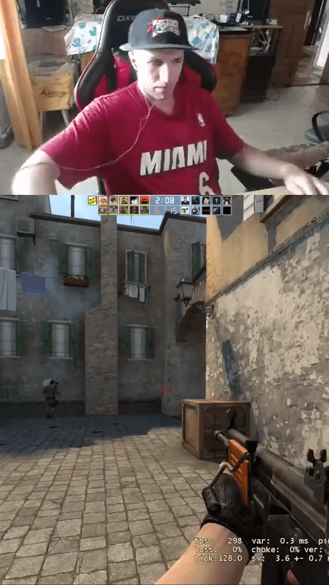 Counter-Strike gameplay with standard vertical layout where an oversized facecam takes up the upper third and HUD elements are missing