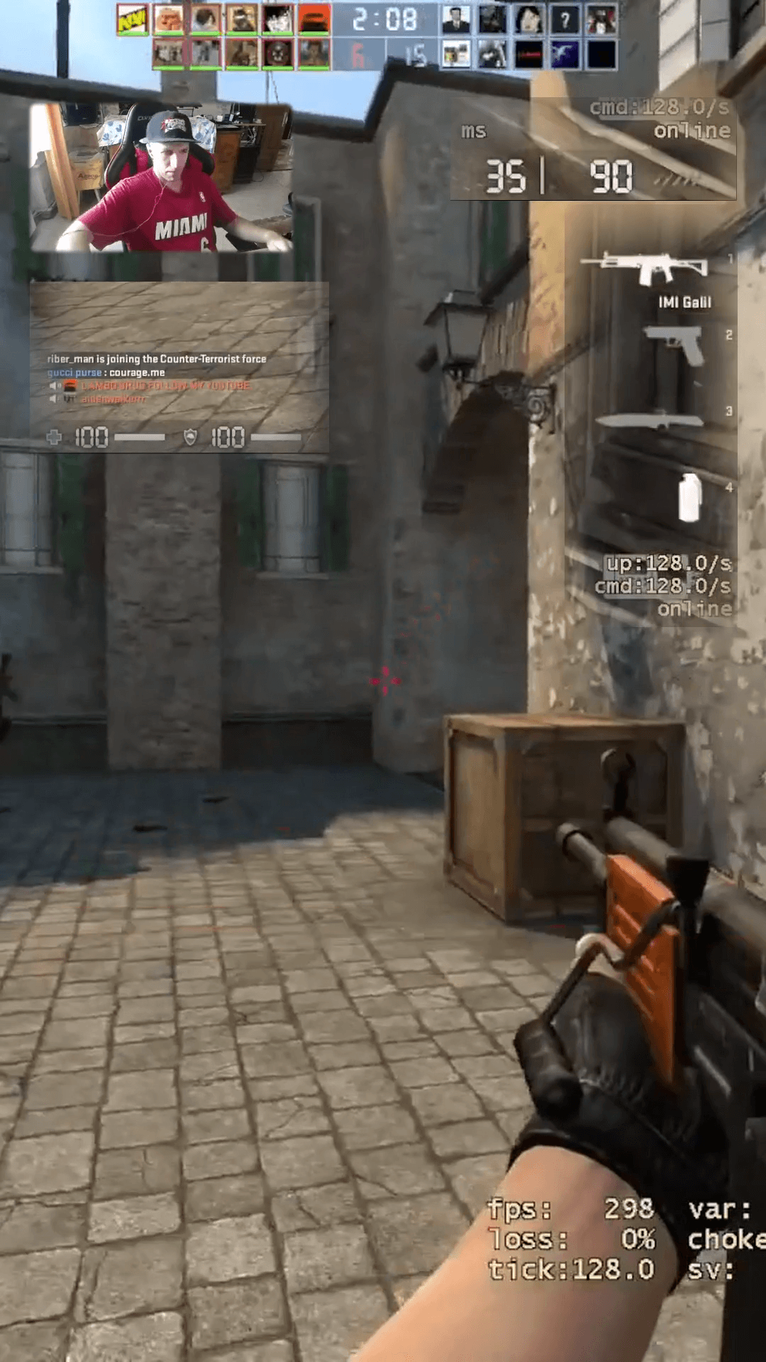 Counter-Strike gameplay with Custom Gaming HUD showing compact facecam, scoreboard, health, chat, and weapon HUD in 9:16 vertical video