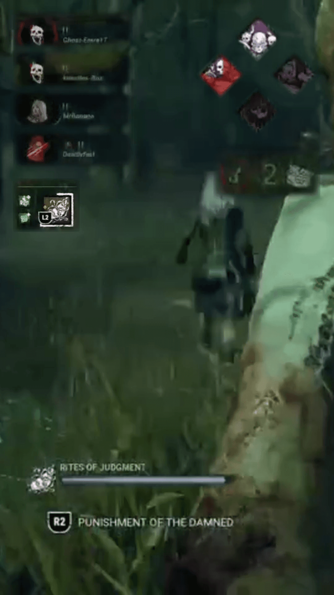 Dead by Daylight gameplay with Gaming HUD showing perks, survivors, item, and generators visible in 9:16