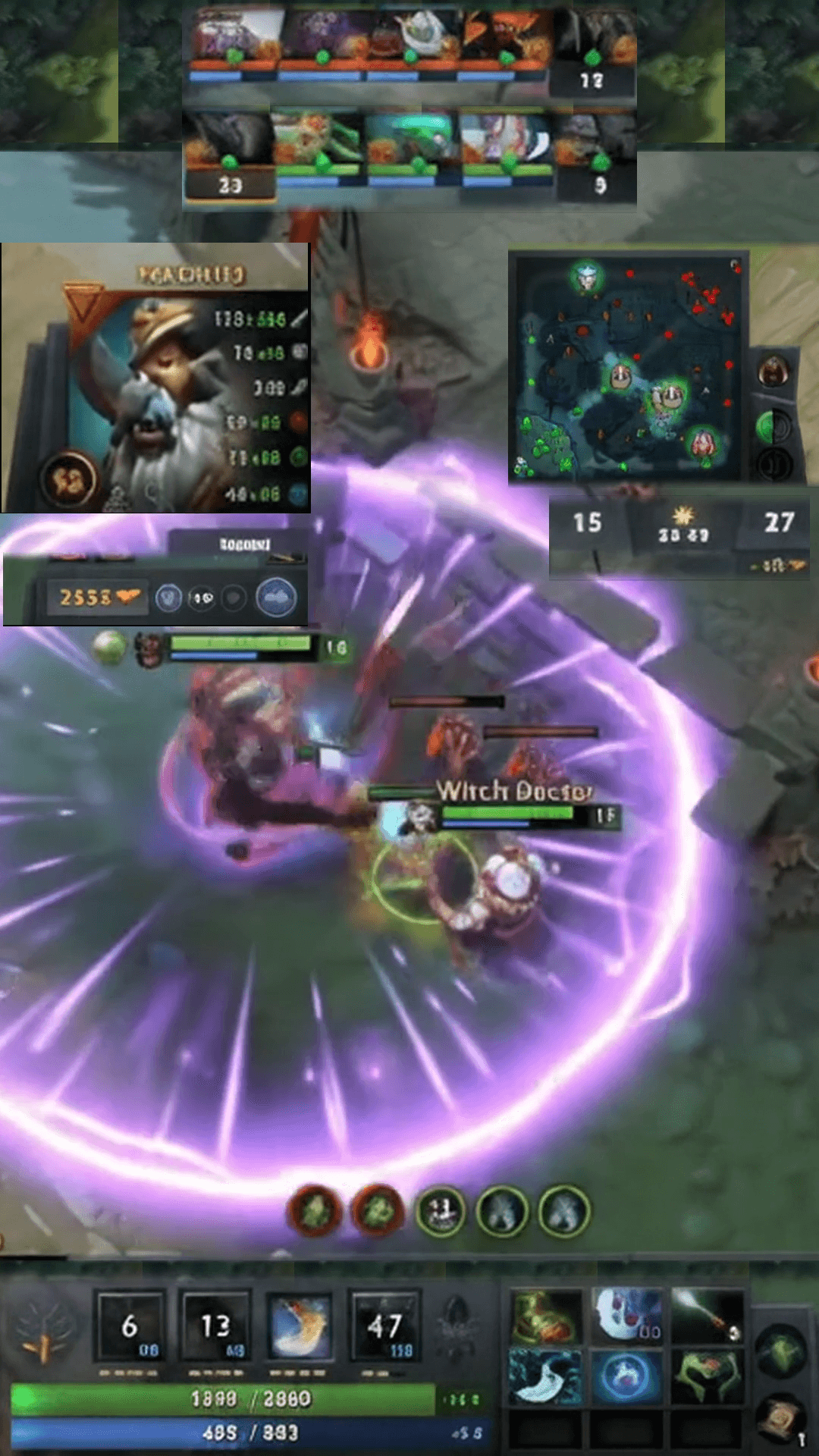Dota 2 vertical Short using Gaming HUD layout showing repositioned hero portraits, minimap, hero stats, and ability bar around centered teamfight action