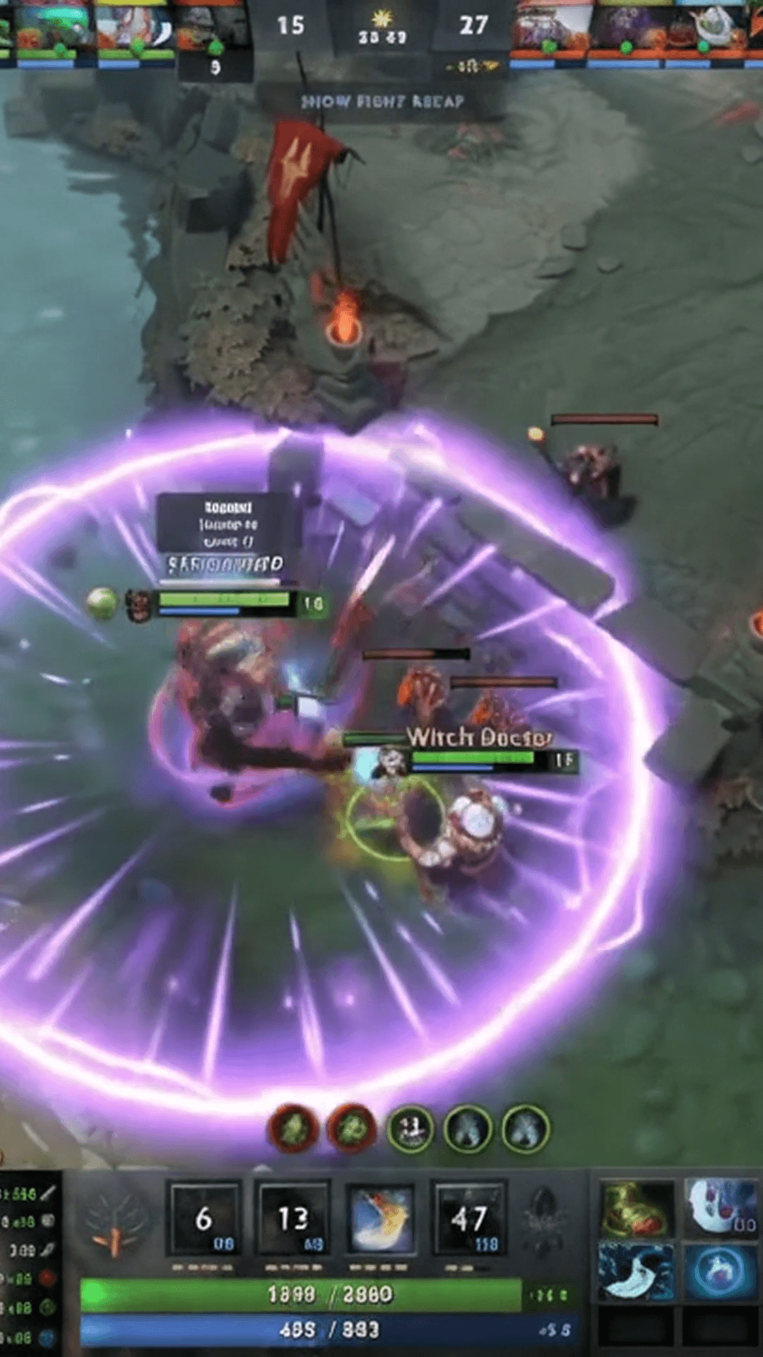 Dota 2 gameplay with standard vertical crop where team heroes, minimap, attributes, and abilities are cut off by the 9:16 frame edges