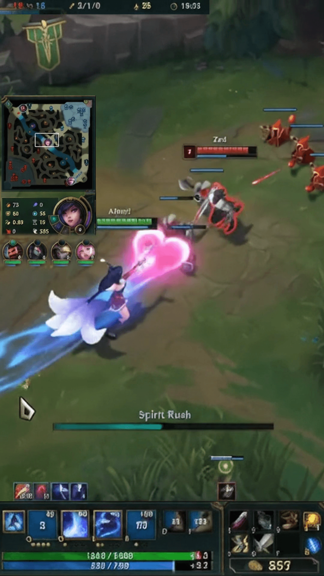 League of Legends vertical Short using Gaming HUD layout showing repositioned teammate portraits, minimap, champion stats, and ability bar around centered teamfight action