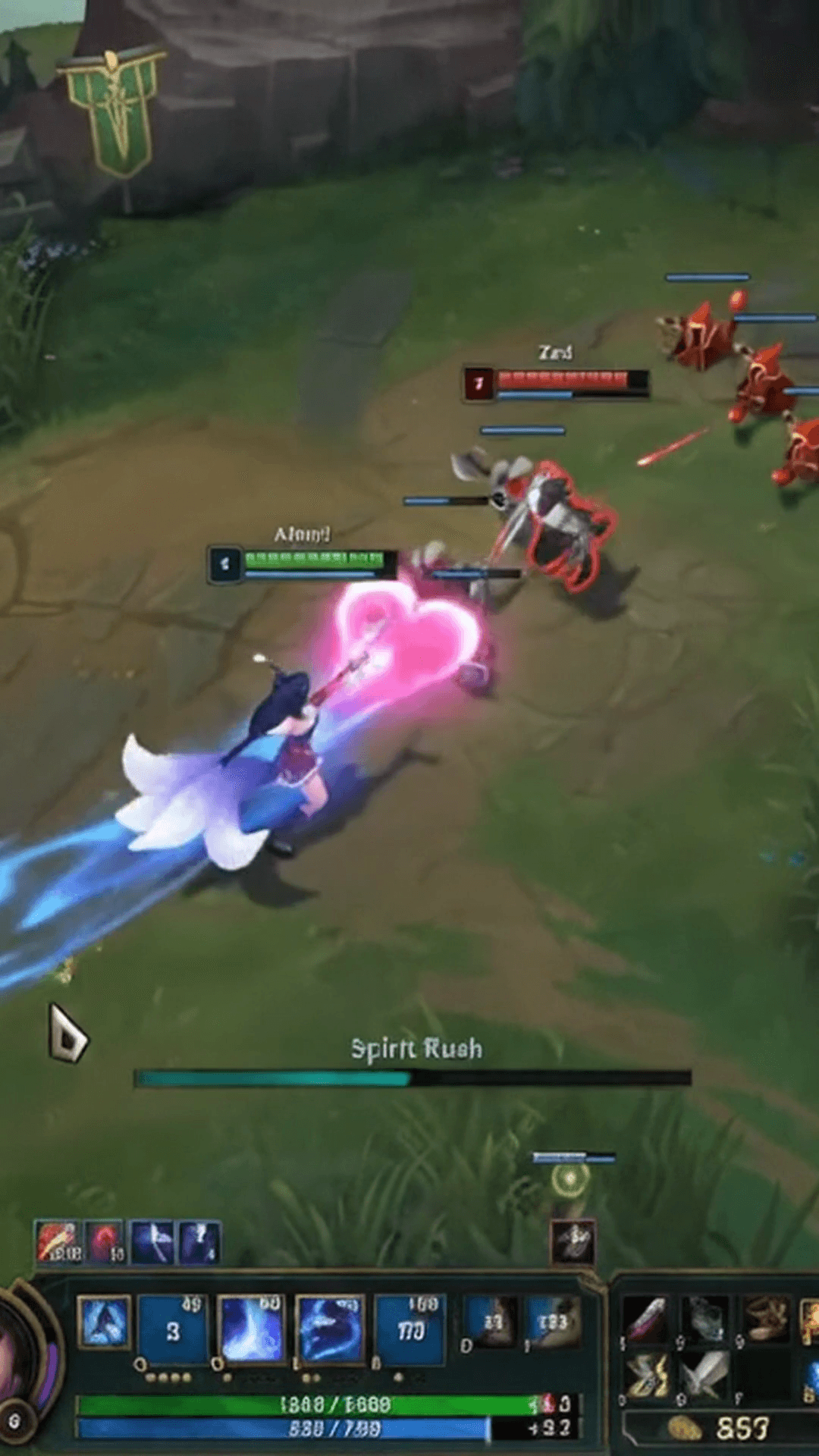 League of Legends gameplay with standard vertical crop where teammate portraits, minimap, champion stats, and match score are cut off by the 9:16 frame edges