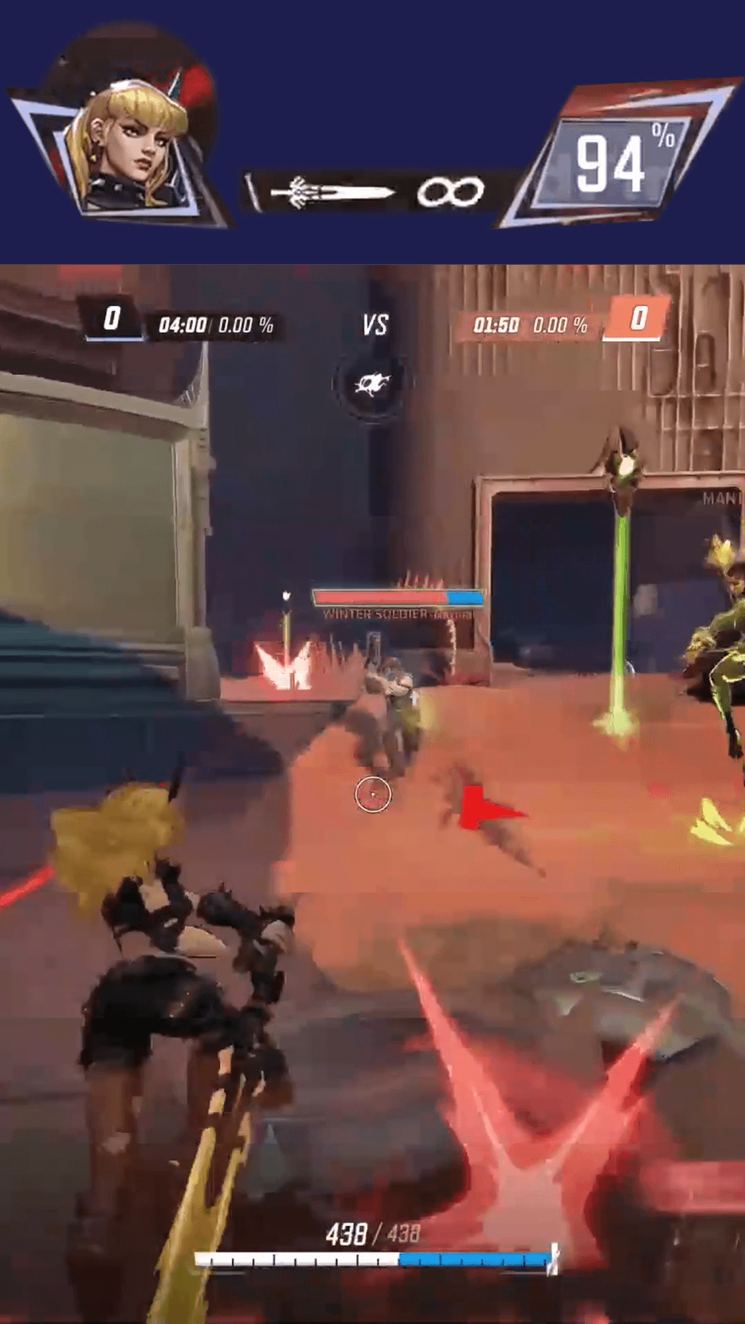 Marvel Rivals vertical Short using Gaming HUD layout showing Magik hero portrait, 94% ultimate charge, and full health bar around centered action
