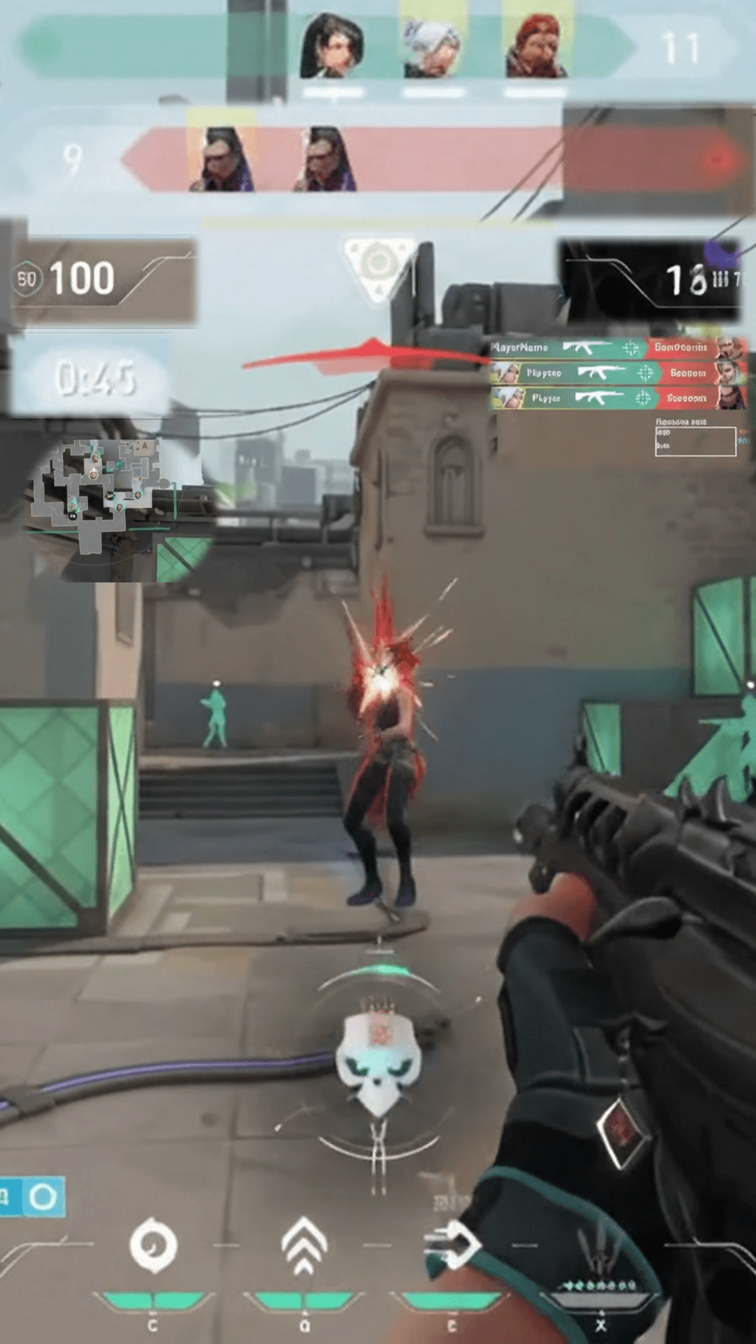 Valorant gameplay vertical Short using Gaming HUD layout showing team portraits, round timer, minimap, health bar, and ammo