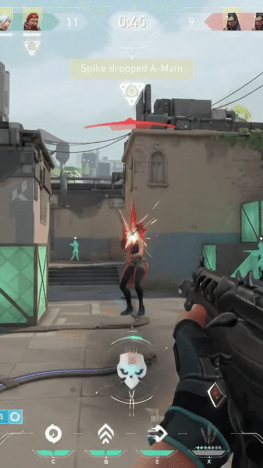 Valorant gameplay with standard vertical crop where team portraits, minimap, health, and ammo are cut off by the 9:16 boundaries